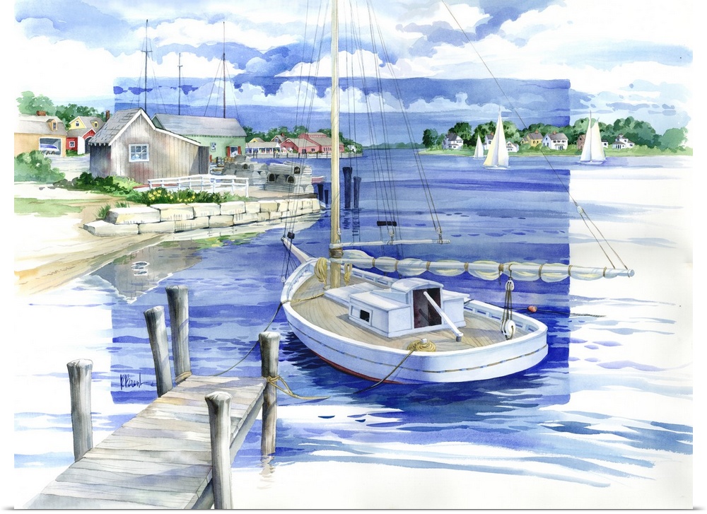 Watercolor painting of a harbor with boats, a wooden pier, and coastal homes.