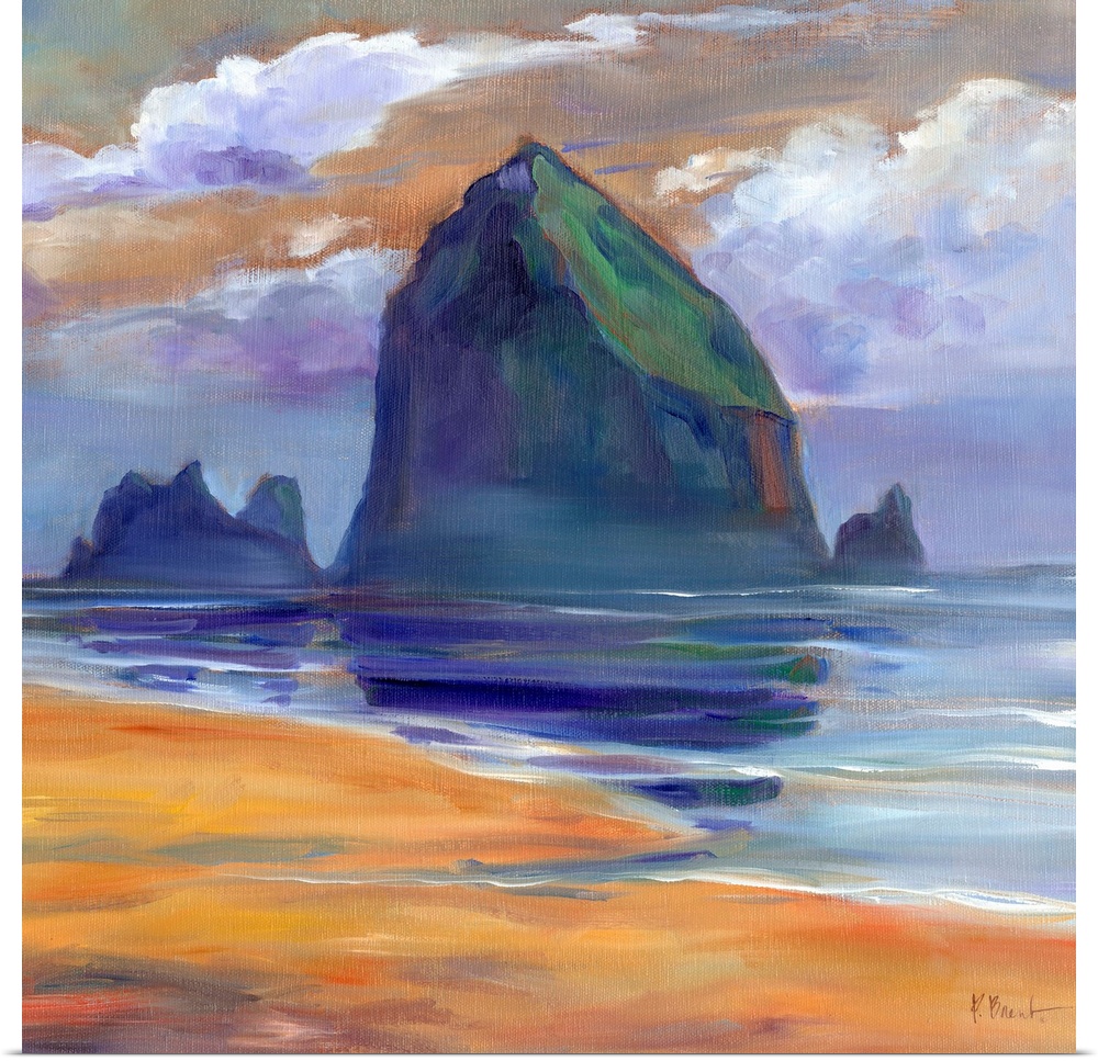 Landscape painting of the tall rock landmarks on the Oregon coast.