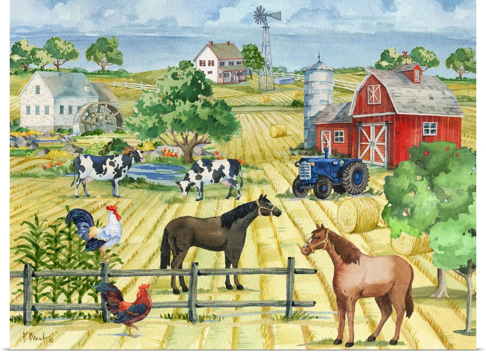 Large watercolor painting of a farm filled with animals and a red barn.