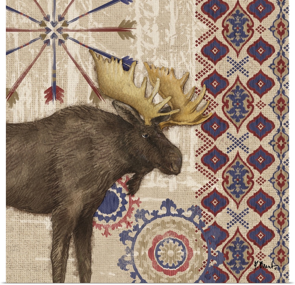 Decorative artwork of a moose with folk patterns and arrows on a wood texture.