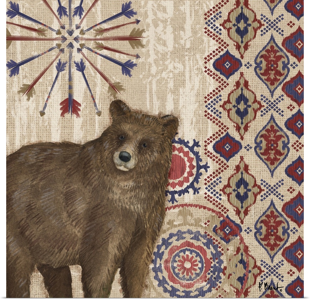 Decorative artwork of a bear with folk patterns and arrows on a wood texture.