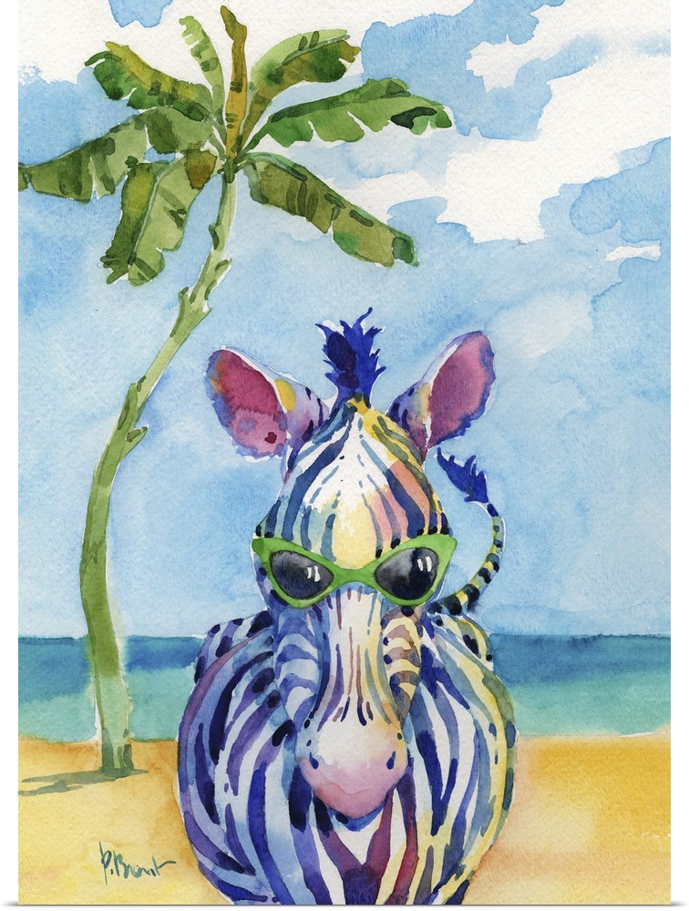 Watercolor painting of a zebra wearing green sunglasses standing on the beach with a palm tree in the background.
