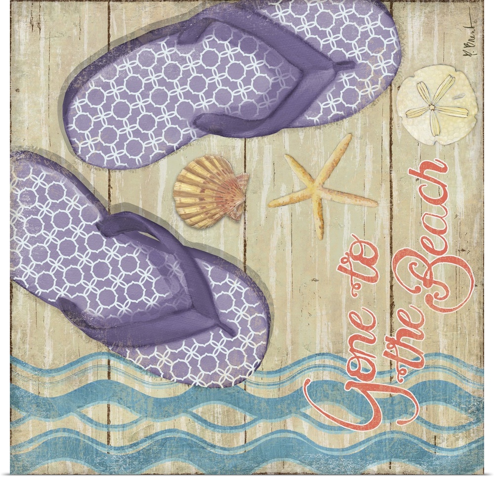 A pair of colorful flip-flops with shells and a wavy pattern on a faux wooden background.