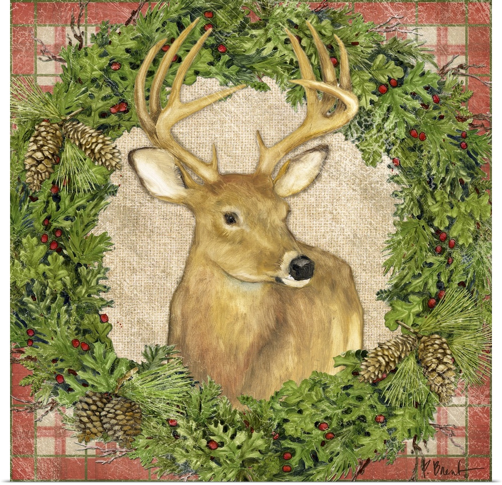 Portrait of a deer inside a seasonal wreath.