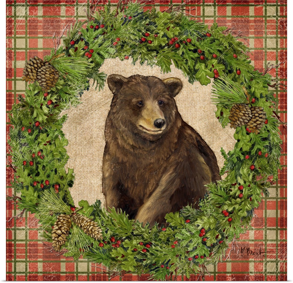 Portrait of a bear inside a seasonal wreath.