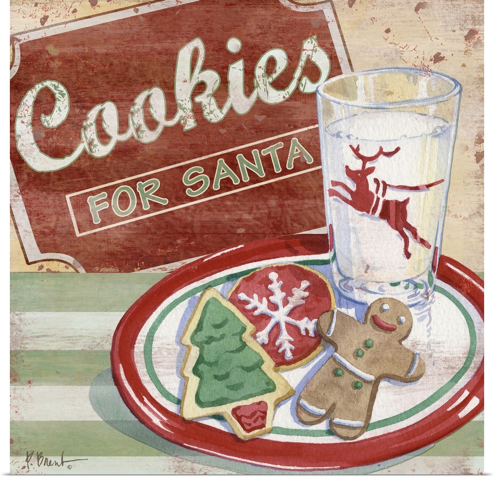 Festive artwork featuring sugar cookies and a glass of milk.