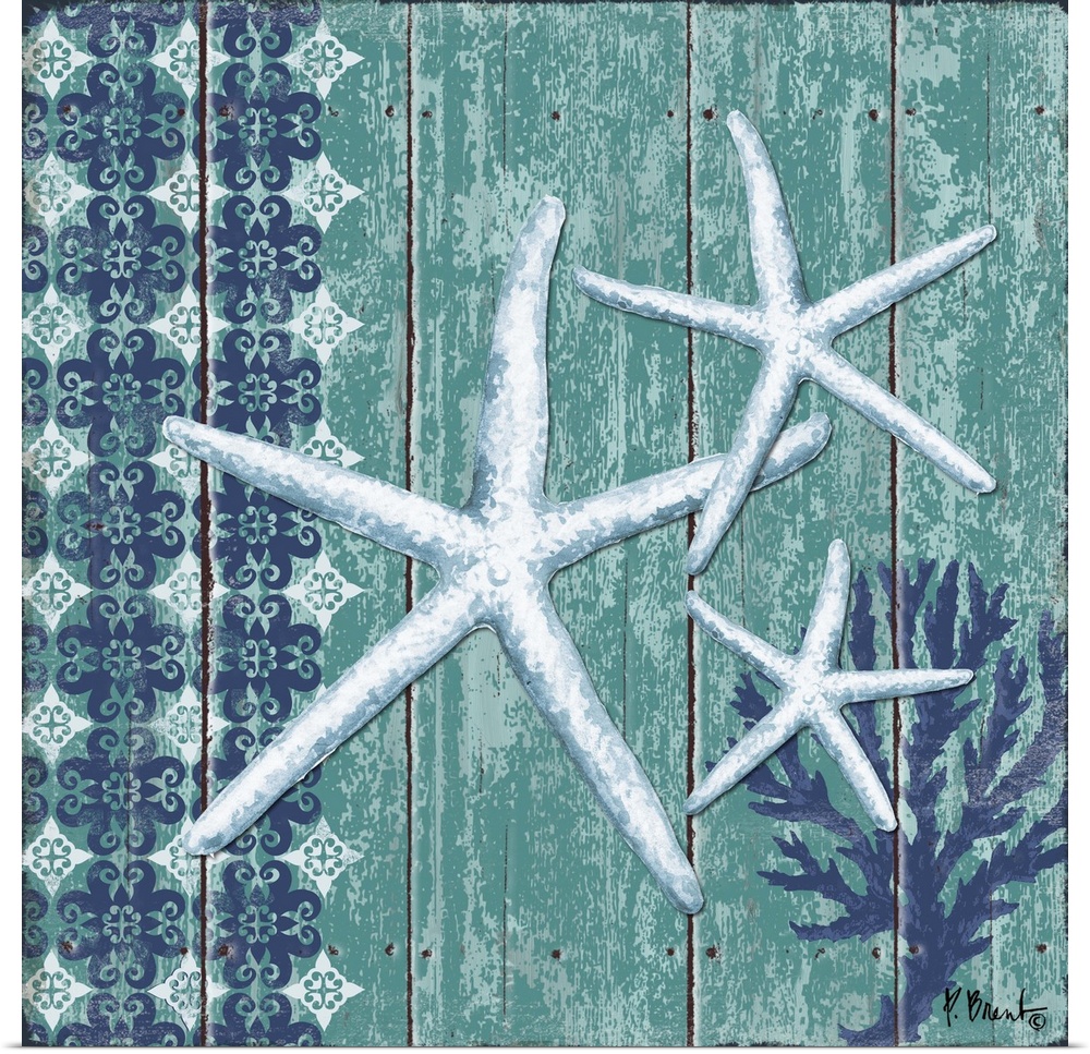 Decorative artwork featuring three starfish on a faux wood panel background in turquoise hues.