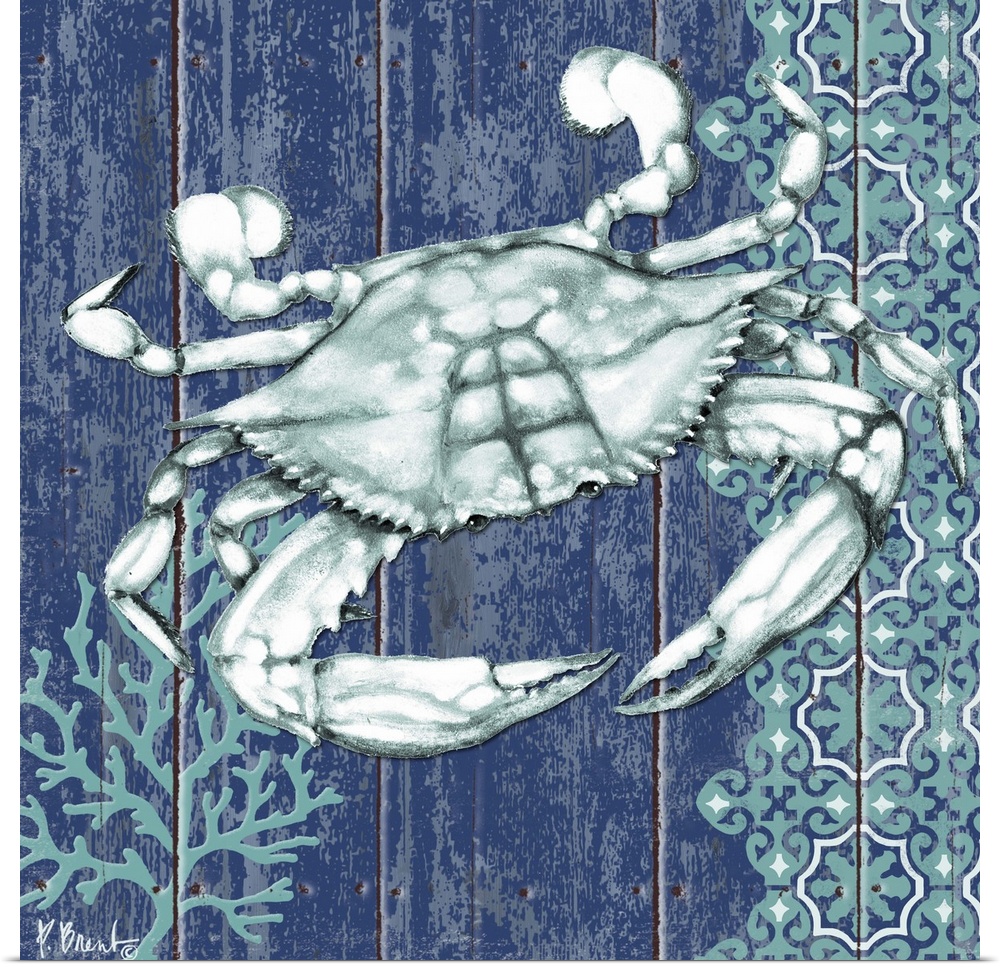 Contemporary decorative artwork of a crab with coral and a floral pattern on a textured panel background.