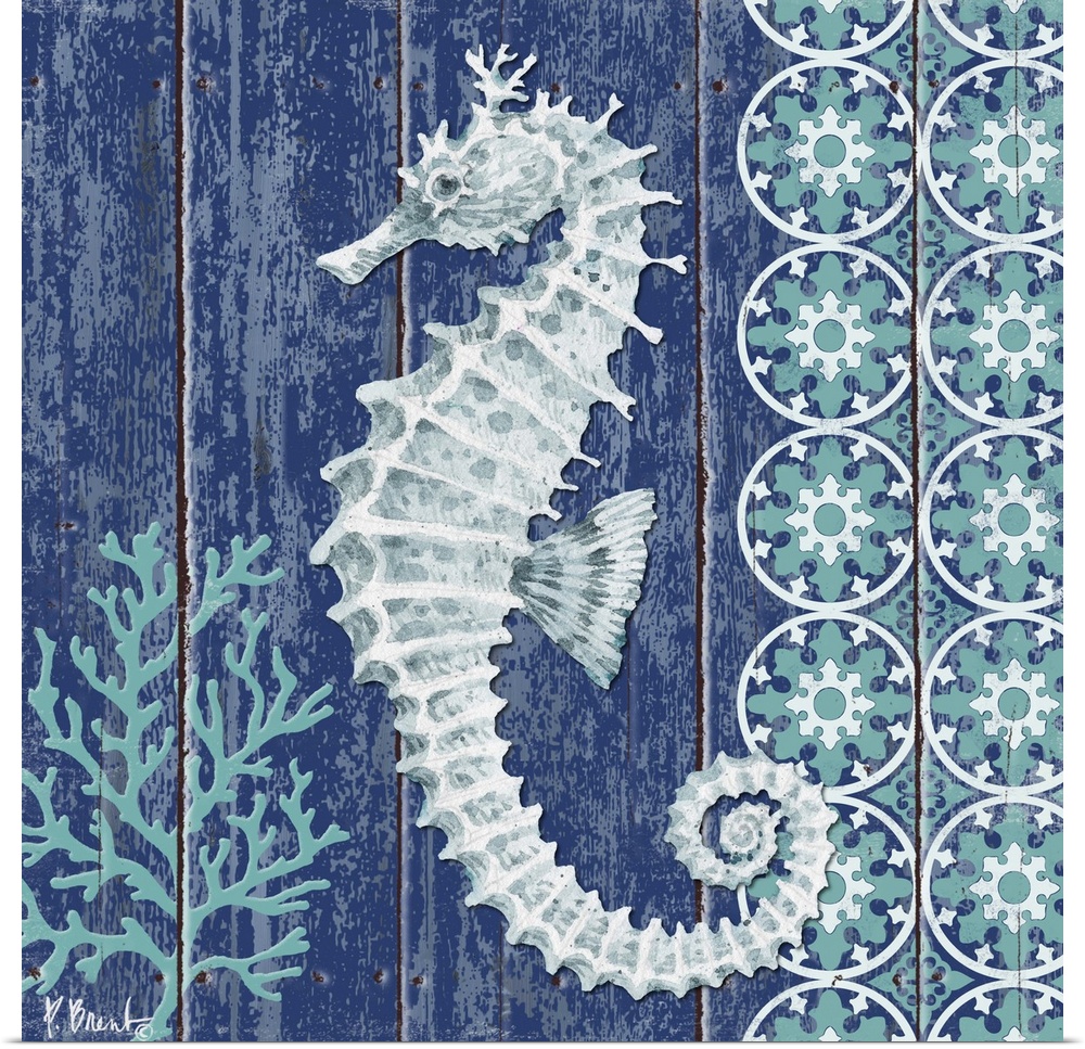 Contemporary decorative artwork of a seahorse with coral and a floral pattern on a textured panel background.