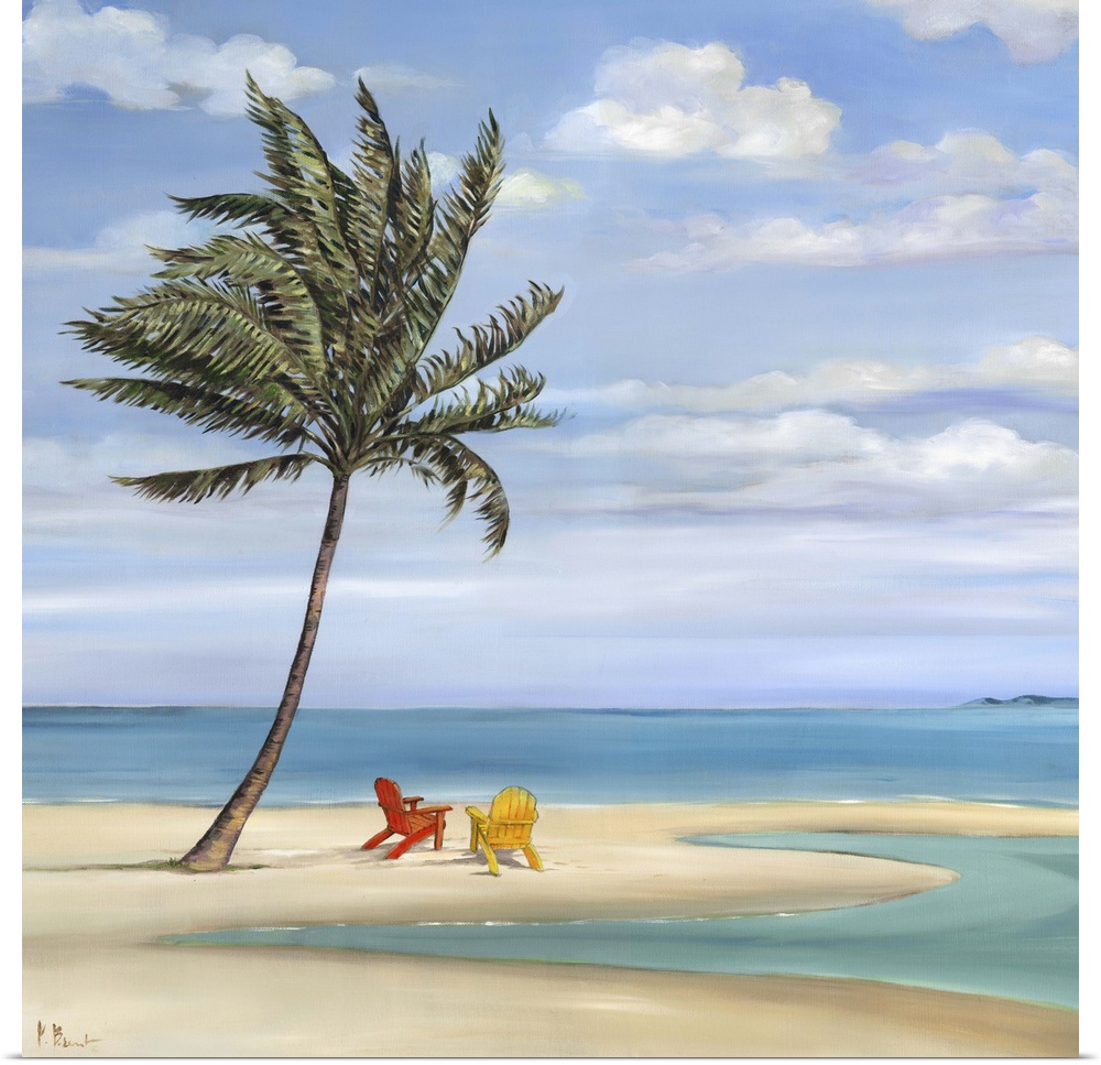 Contemporary painting of a palm tree on a sandy beach with two beach chairs.