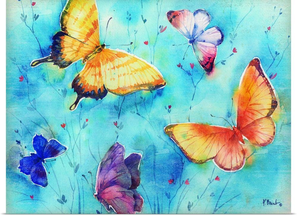 Large watercolor painting of different colored butterflies on a light blue background with small flowers.