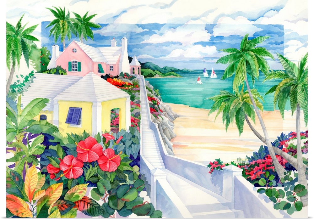 Watercolor painting of a tropical resort town with palm trees.