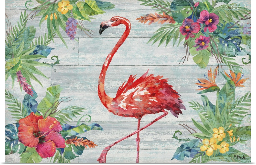 Tropical decor with a painted pink flamingo in the center of a faux wood background surrounded by tropical flowers and pla...