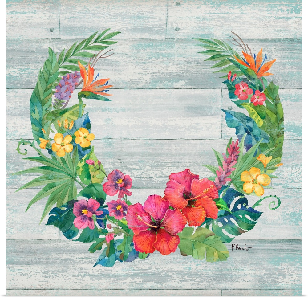 Square decor with a wreath made of tropical flowers and leaves on a faux wood background.