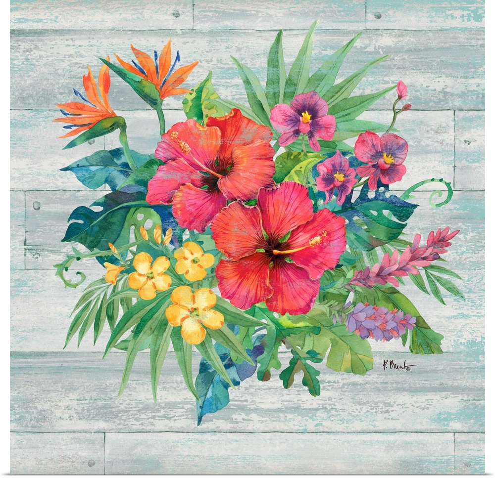 Square decor with watercolor painted tropical flowers and leaves on a faux wood background.