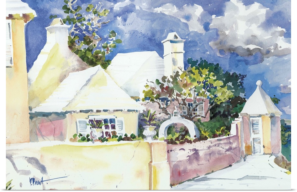 Contemporary painting of a tropical community with stone walls and palm trees.