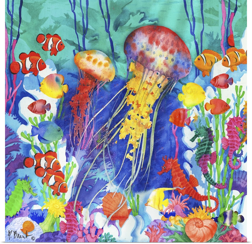 Colorful square watercolor painting of an under the sea scene with jellyfish, fish, seahorses, and shells.