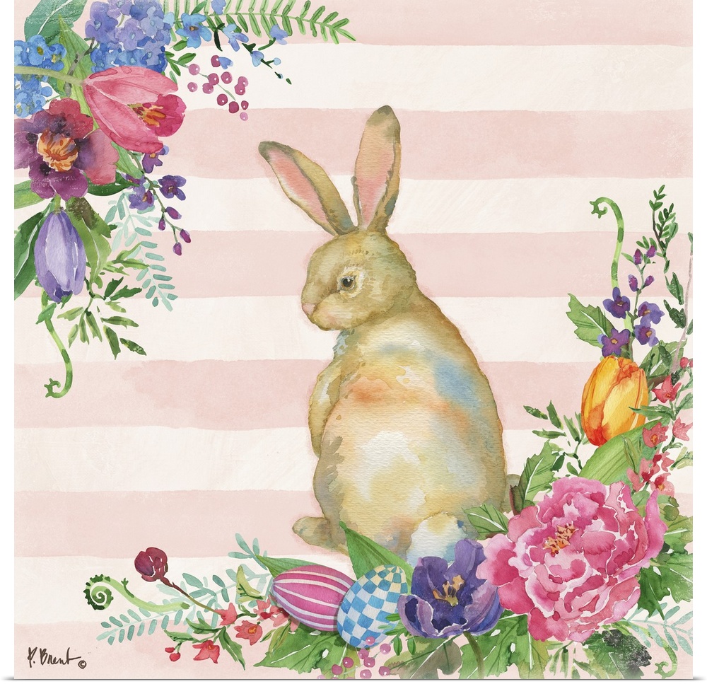 Spring decor with a watercolor painted bunny surrounded by Spring flowers and Easter eggs on a light pink and white stripe...