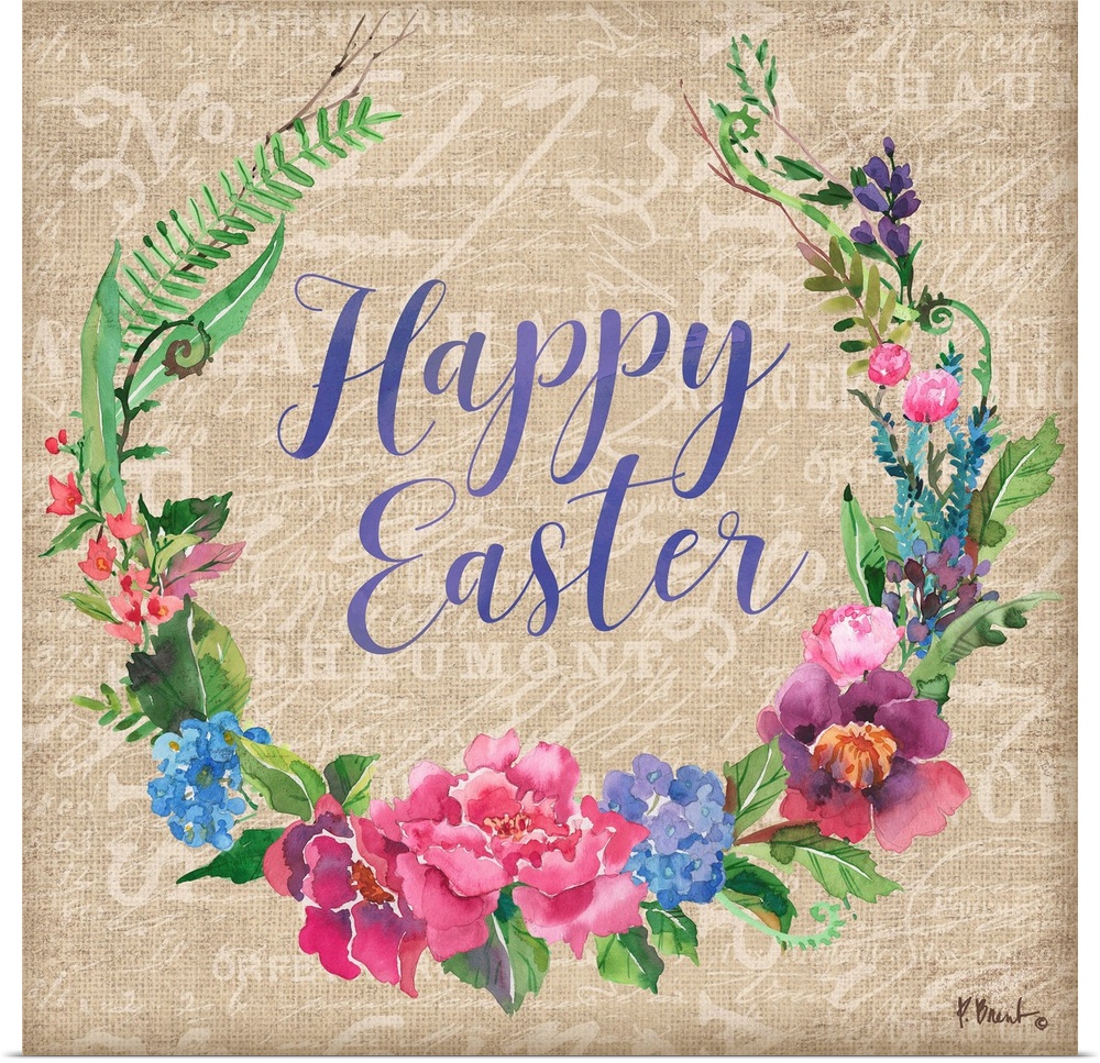 "Happy Easter" written in the center of a Spring floral wreath
