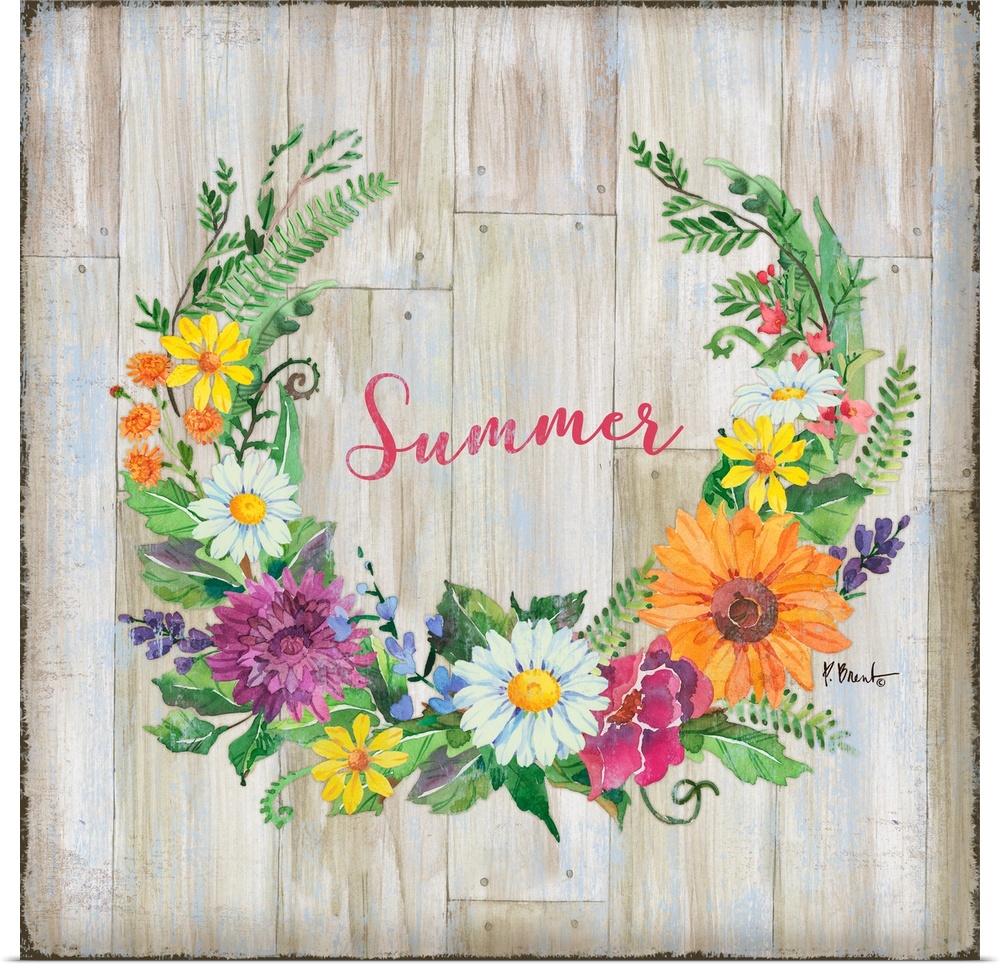 Square decor with a wreath made of Summer flowers and greens on a faux wood background with "Summer" written in the center.