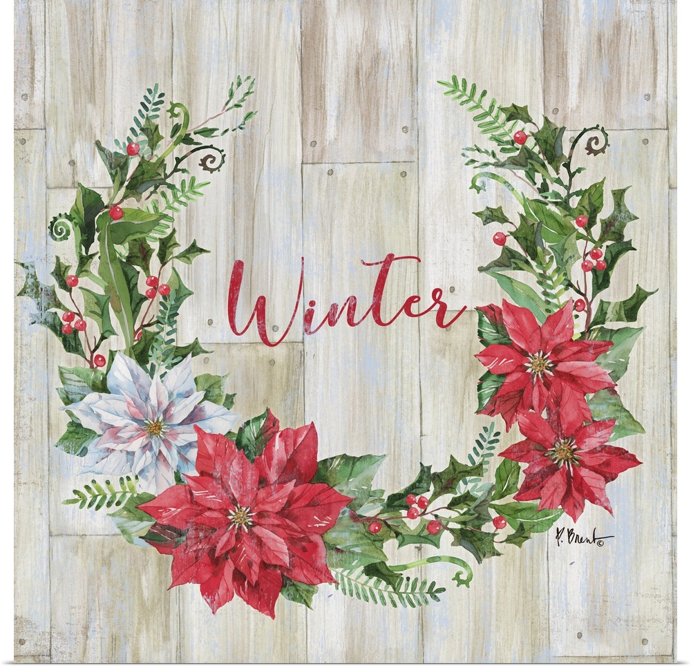 Square decor with a wreath made of Winter flowers and greens on a faux wood background with "Winter" written in the center.