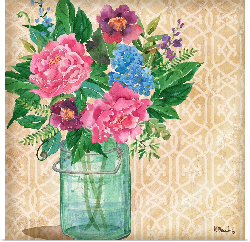 Square watercolor painting of beautiful flowers in a glass vase on a beige and white patterned background.