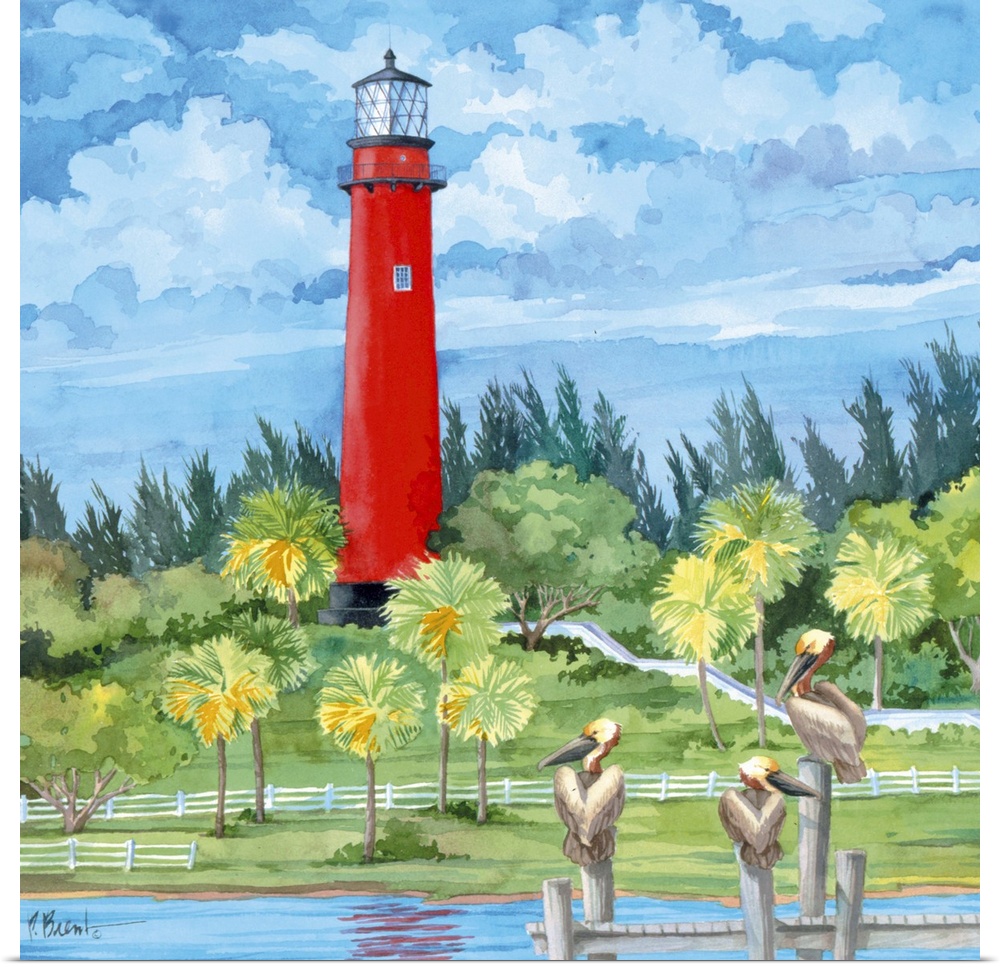 Watercolor painting of a bright red lighthouse overlooking three pelicans perched on a pier.
