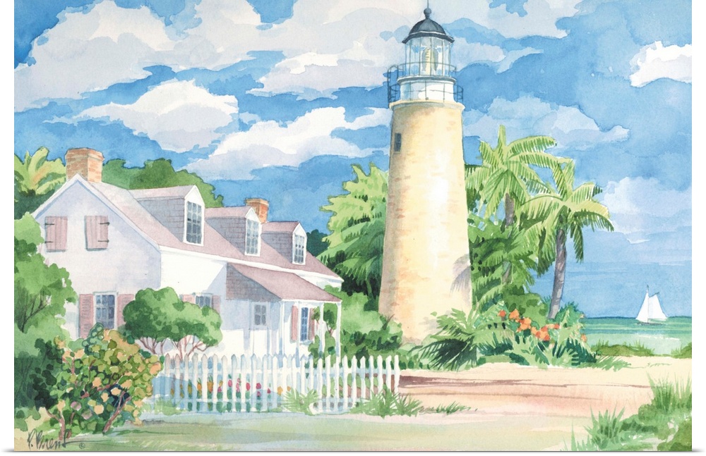 Watercolor painting of a lighthouse next to a beach house on the shore with palm trees and puffy clouds.