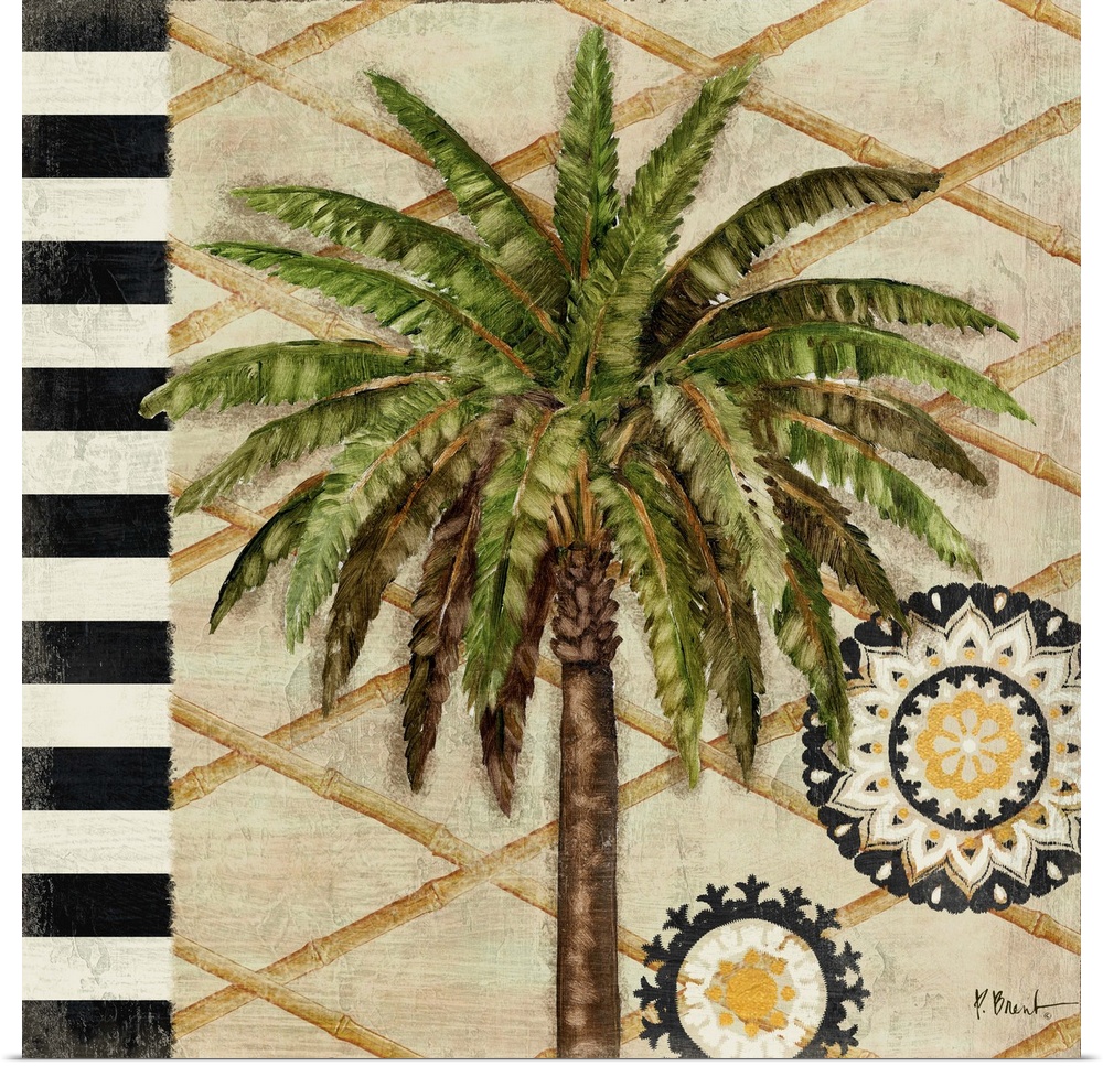 Painting of a palm tree with long fronds with black and white stripes and a gold pattern.