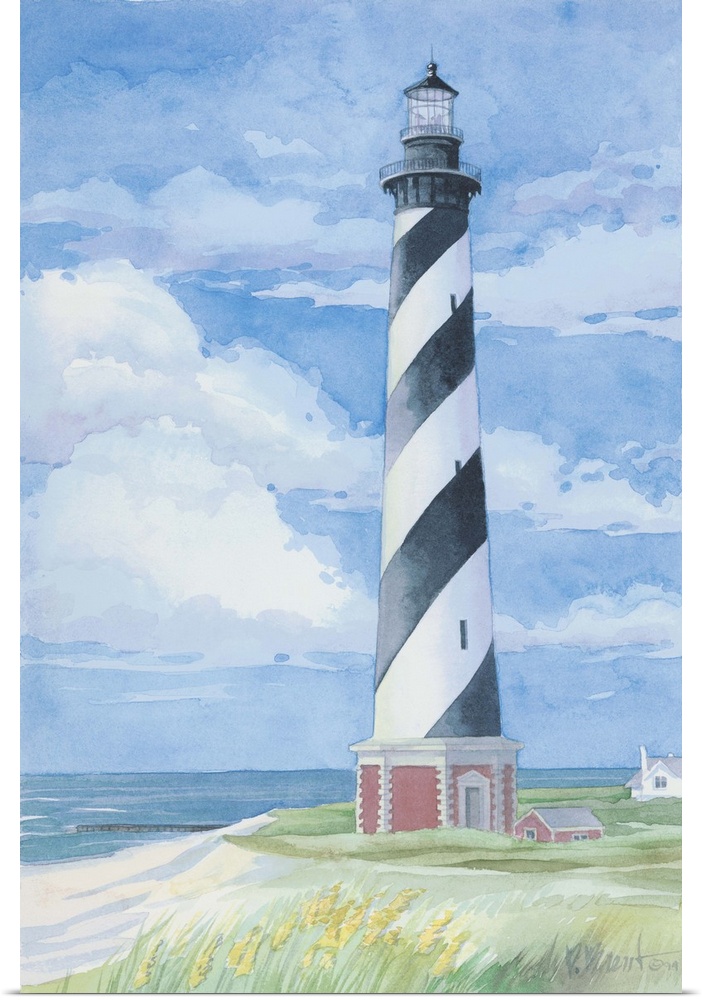Watercolor painting of the Cape Hatteras lighthouse on the Outer Banks, North Carolina.