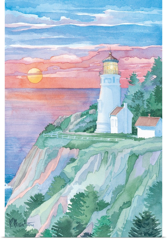 Watercolor painting of a lighthouse in Oregon at sunset on a cliff.