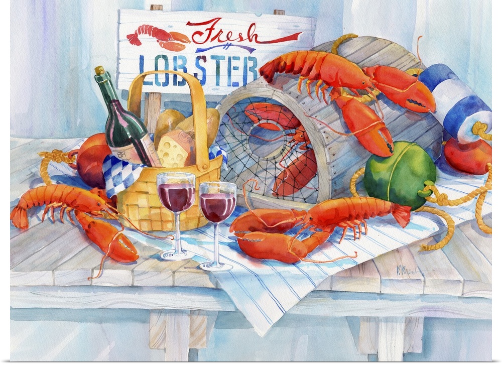 Seafood still life arrangement of lobsters, buoys, traps, bread, and wine.