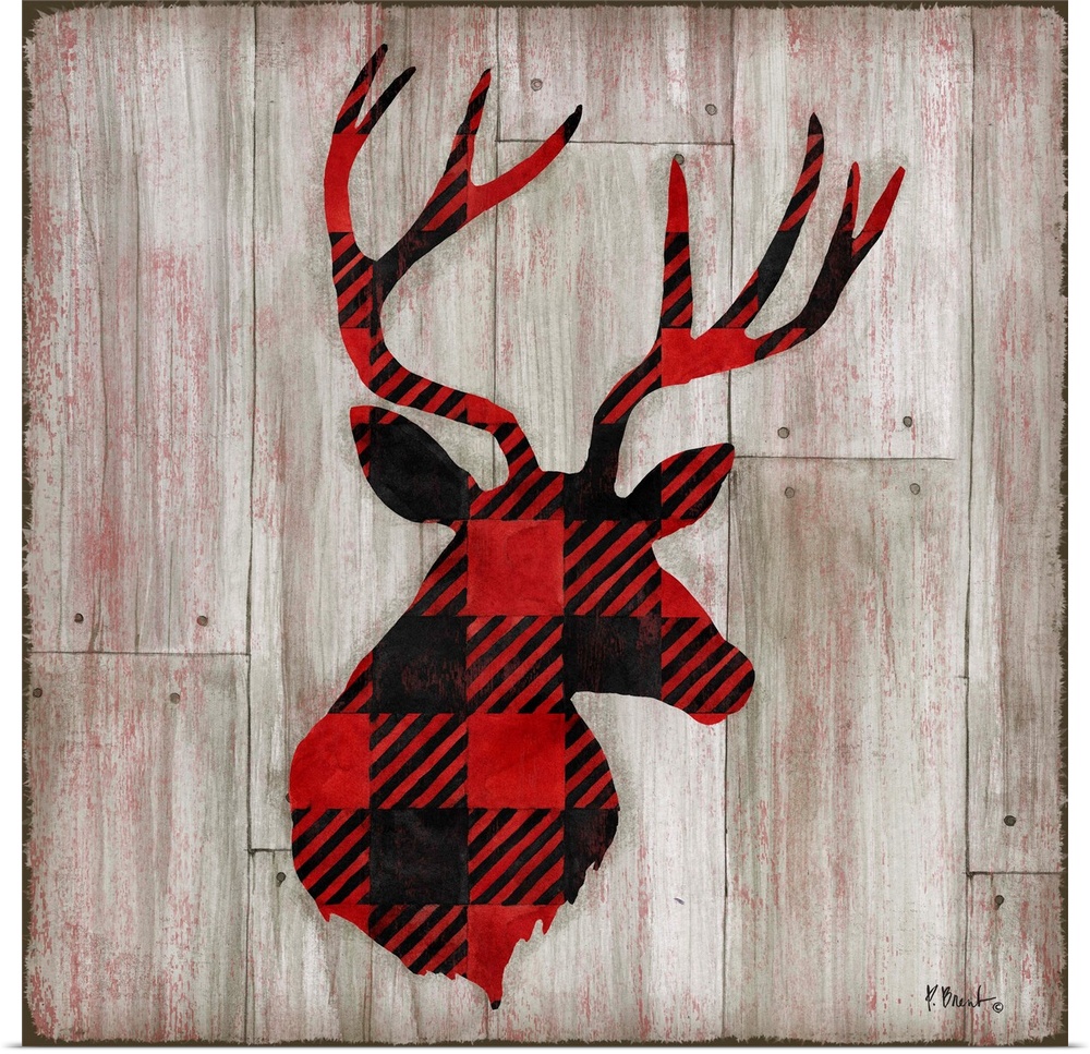 Square cabin decor with a red and black flannel patterned silhouette of a deer on a faux distressed wooden background.