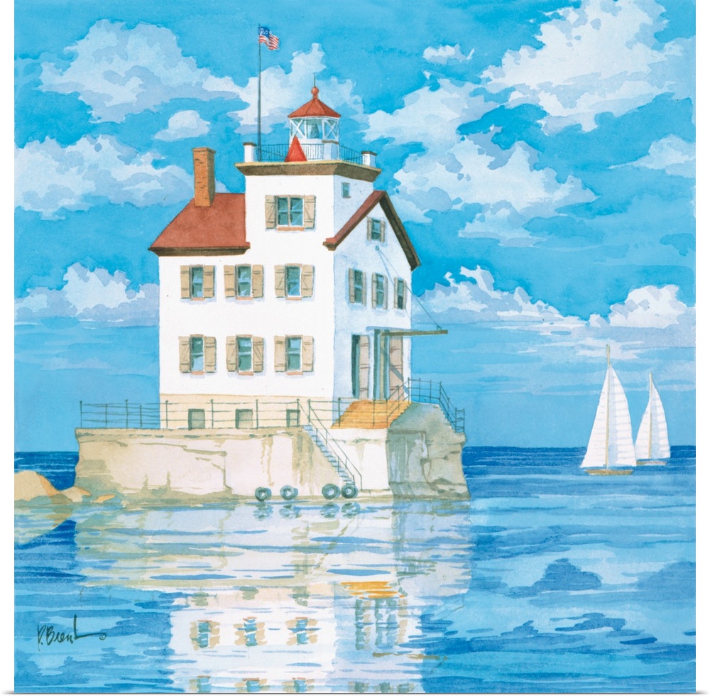 Contemporary painting of a lighthouse reflected in Lake Erie.
