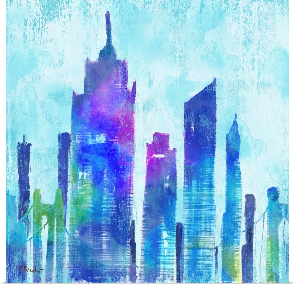 Watercolor skyline of buildings in New York city in blue and purple tones.