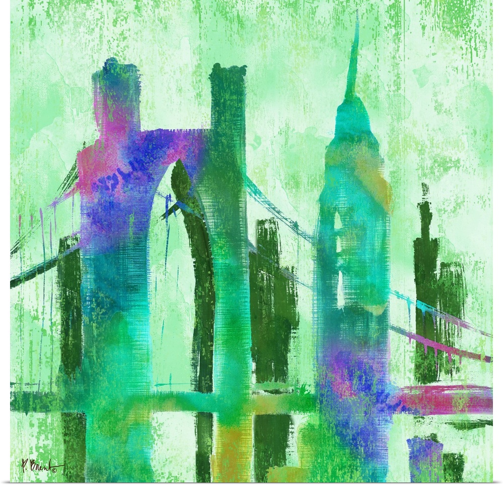 Watercolor skyline of buildings and the Manhattan Bridge in New York city in green and purple tones.