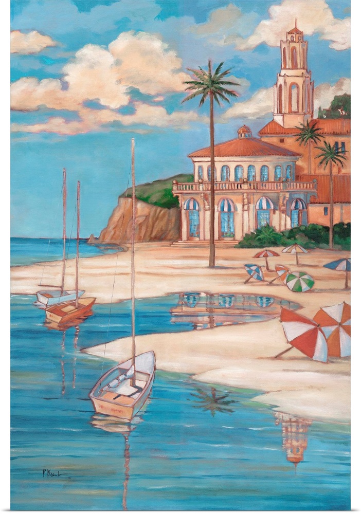 Painting of a resort on the Mediterranean sea with a sandy beach, palm trees, and sailboats.