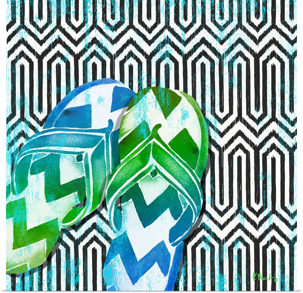 Bright watercolor sandals over a black and white geometric background.