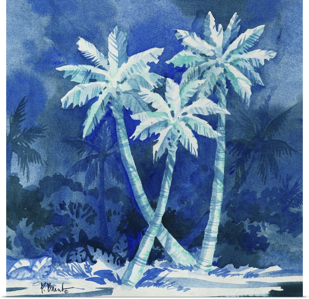 Monotone painting of three palm trees against deep blue scenery.