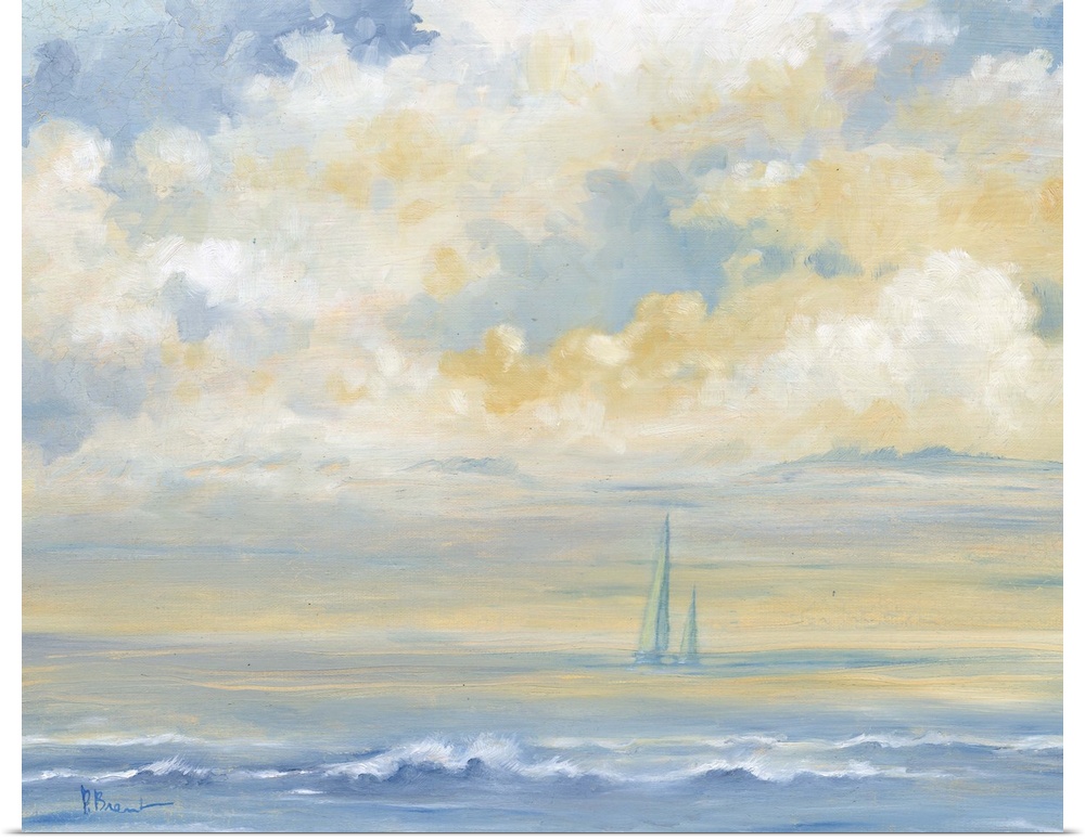 Contemporary artwork of sailboats on the ocean in the distance under large clouds.