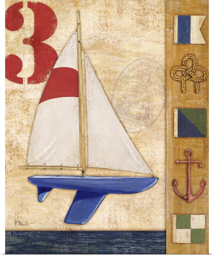 Decorative artwork featuring a yacht and nautical elements, such as flags, an anchor, and rope.