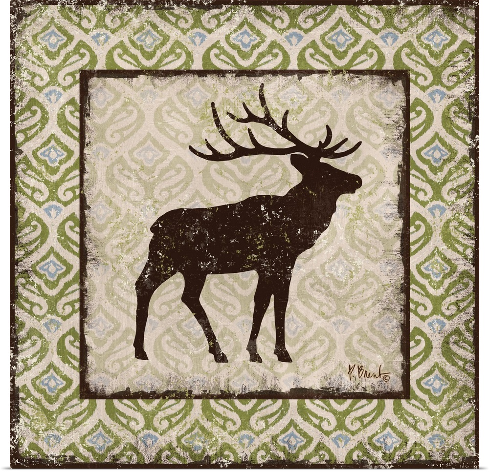 Decorative square artwork featuring a silhouetted elk on a boho pattern.