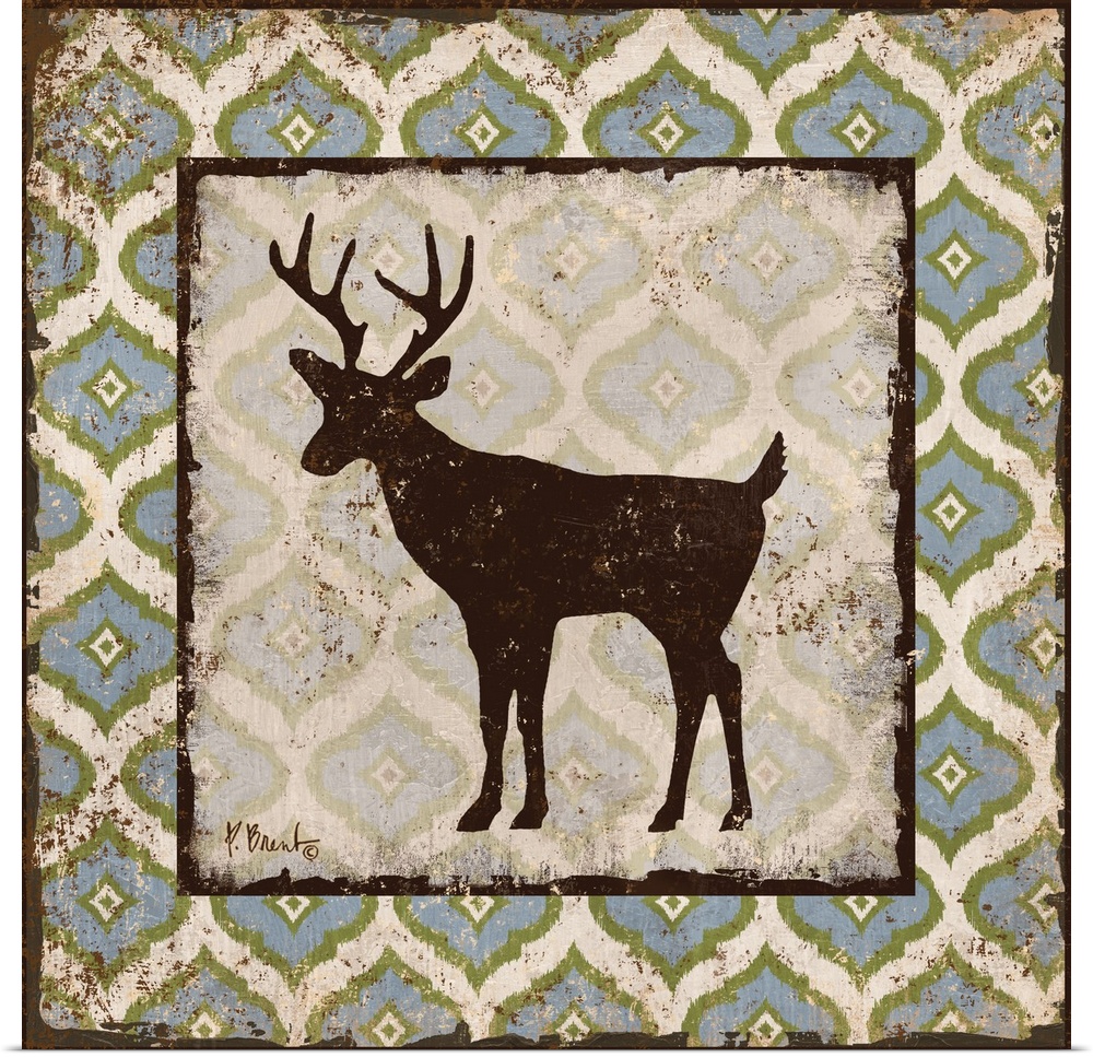 Decorative square artwork featuring a silhouetted deer on a boho pattern.