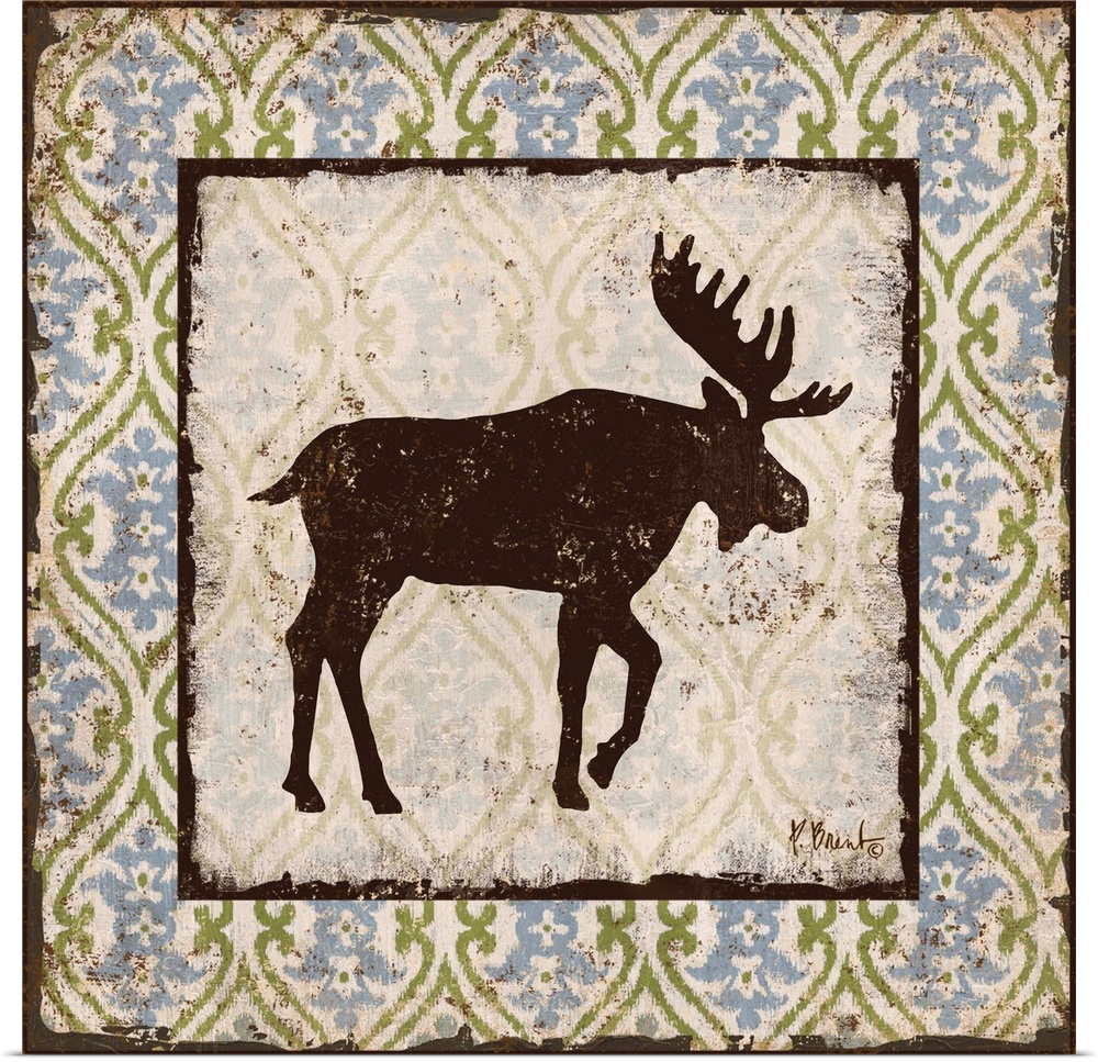 Decorative square artwork featuring a silhouetted moose on a boho pattern.