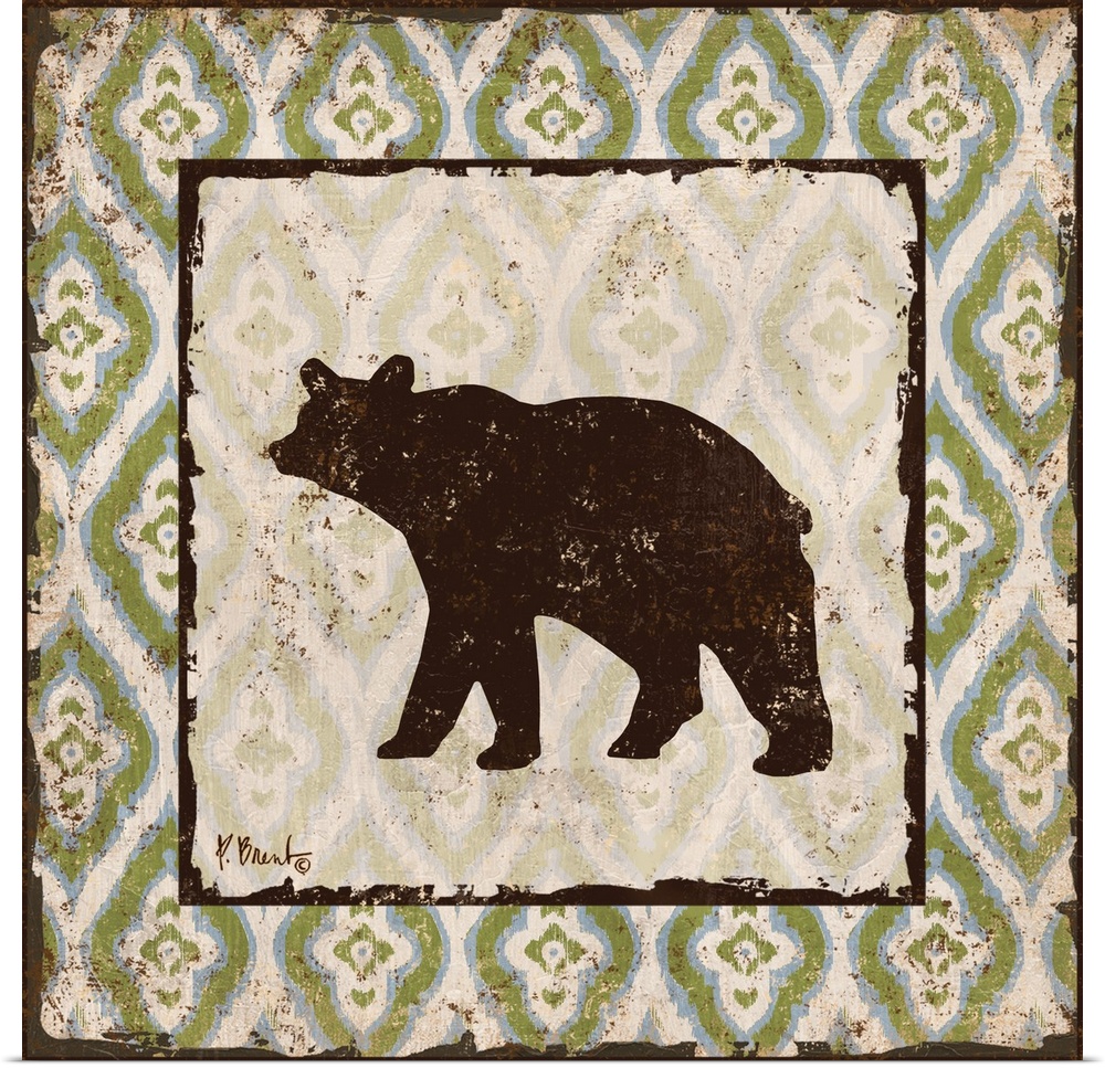 Decorative square artwork featuring a silhouetted bear on a boho pattern.