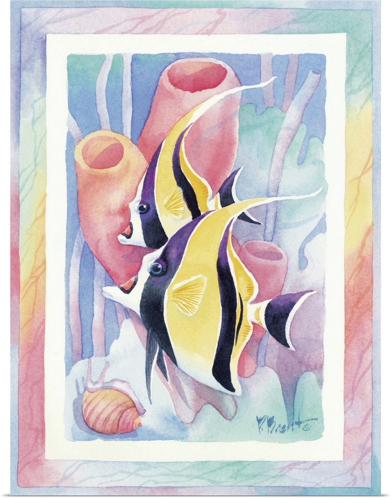 Watercolor painting of two angelfish swimming near tube coral, done in pastel colors.