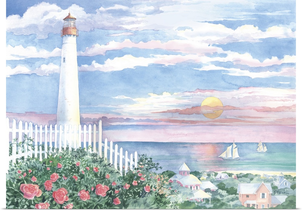 Cape May lighthouse in New Jersey in the morning with a white fence and garden.