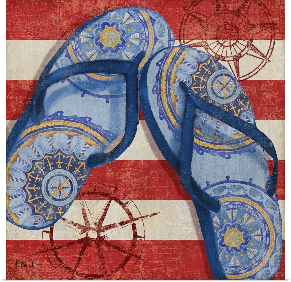 A pair of blue flip flops with a boho pattern on a striped background with compass roses.