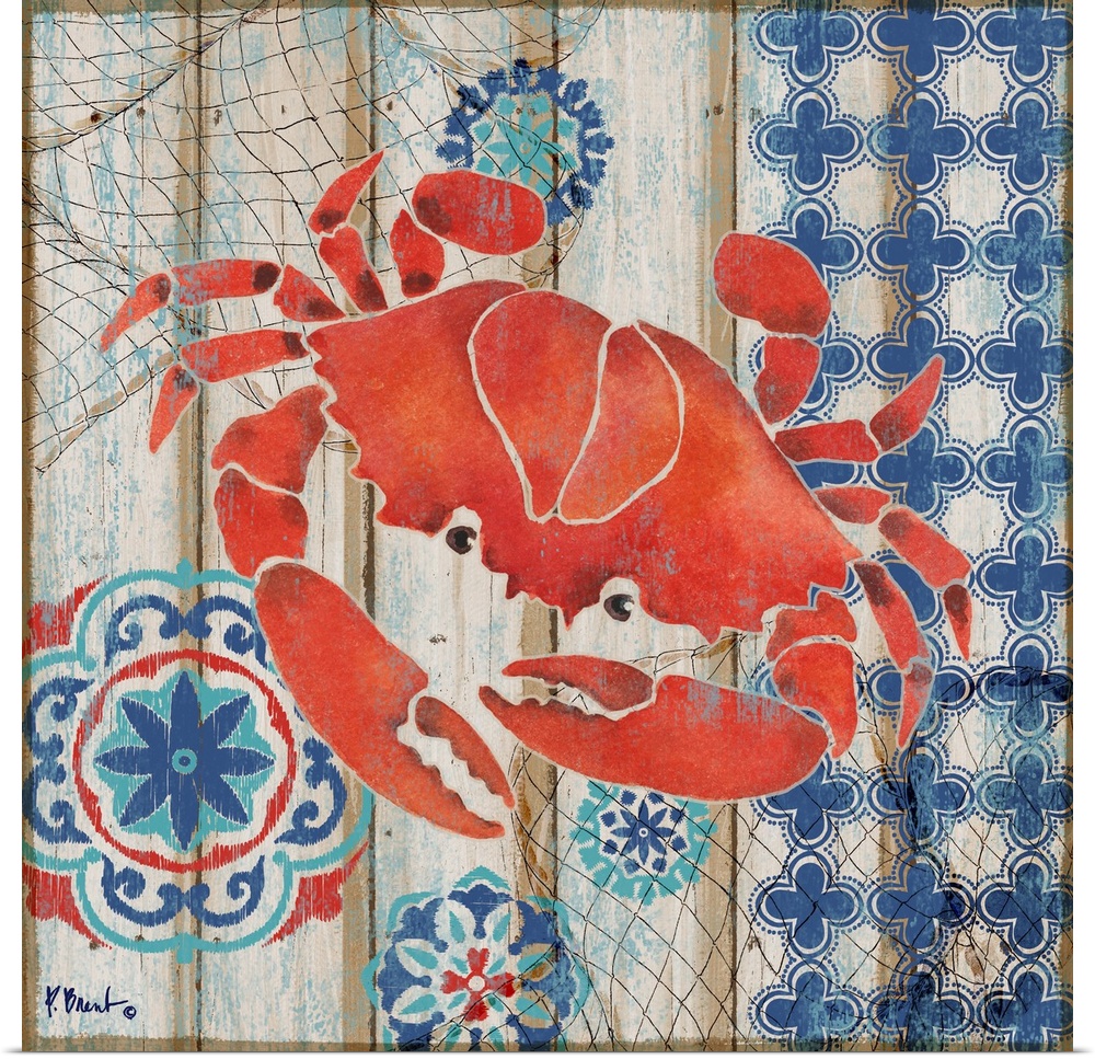 Decorative artwork of a red crab on a faux wooden board background.