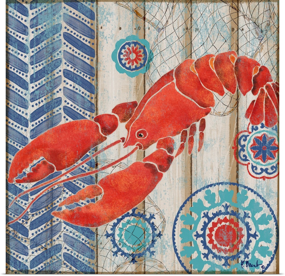 Decorative artwork of a red lobster on a faux wooden board background.